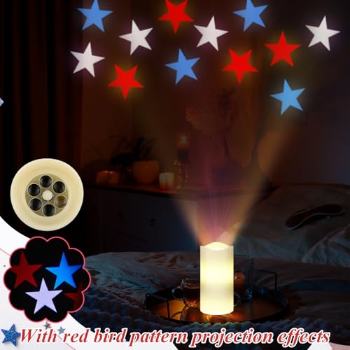 Image of 4th of July Flameless Candles Patriotic Projector Lights Red White Blue LED Candle Star Battery Operated Night Light with Remote Timer 250th Anniversary Independence Day Party Indoor Bedroom Decor