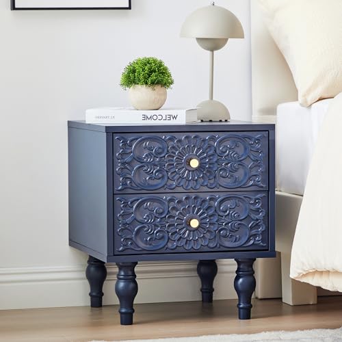 Sylphorium Nightstand, Farmhouse Bedside Table with 2 Drawers and Metal Handles, Wood Sofa Side Table End Table Accent Dresser for Bedroom, Living Room (Blue) (15.75 x 16.02 x 18.15 Inch)
