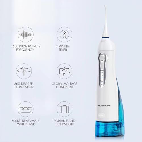 Hangsun Jet Dentaire Hydropulseur Irrigateur Oral, USB Chargé Portable Water Flosser, Réservoir 300 ml et 8 Buses de Jet pour Voyage et Maison HOC700