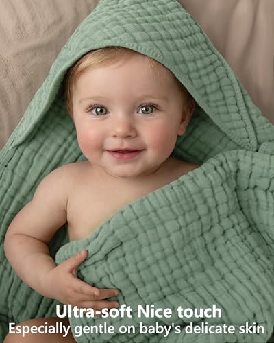 Image of Baby Bath Towels, 100% Muslin Cotton Hooded Baby Towels for Newborn, 2 Pack Baby Towels with Hood for Infant Toddler and Kids, Large 32x32Inch Unisex Bath Essentials, Soft and Absorbent