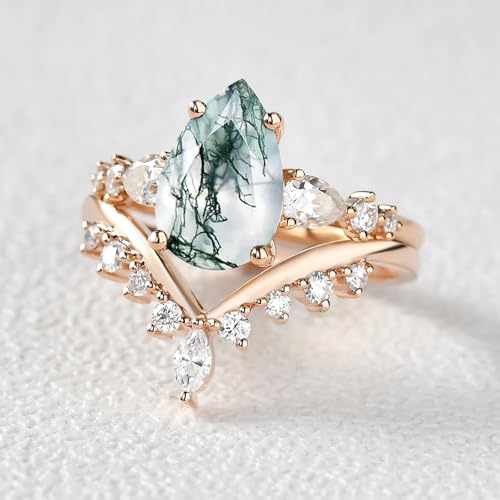 Pear Cut Moss Agate Bridal Ring Set for Women 1CT Teardrop Natural Moss Agate Wedding Ring Set 925 Sterling Silver 10K 14K 18K Gold Engagement Ring Set for Women3