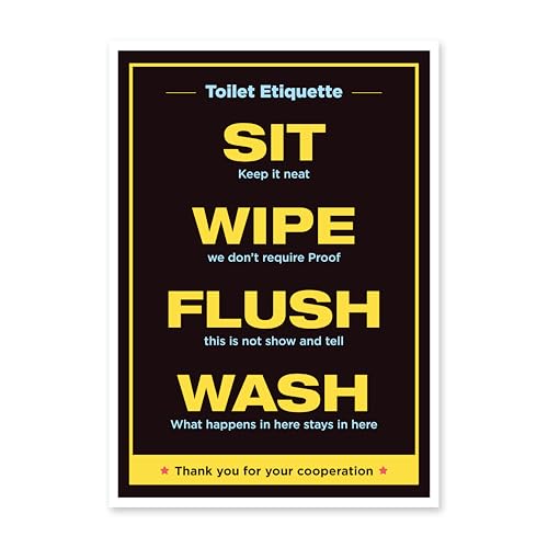 Image of Funny Toilet Etiquette Bathroom Poster, Sit Wipe Flush Wash Sign, Self Adhesive, Water Resistant, 8.2x11.5 Inches (Etiquette 2)