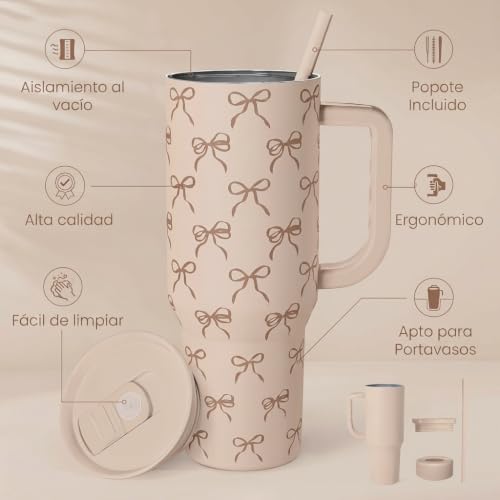 Image of SANDJEST Bow Tumbler with Handle and Straw 40oz - Stainless Sleel Slider Tumbler Travel Coffee Mug for Women - Gift Idea for Birthday Christmas