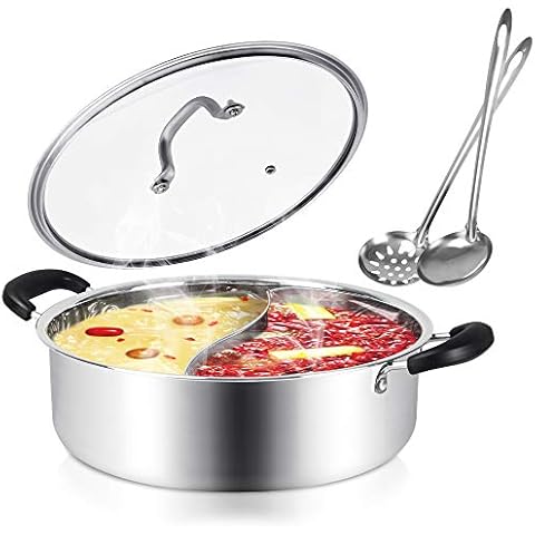 Kerykwan 304 Food Grade Stainless Steel Shabu Shabu Hot pot with Divider&Lid for Induction Cooktop Gas Stove Dual Sided Soup Cookware (stainlees steel, 11 inch) Cover