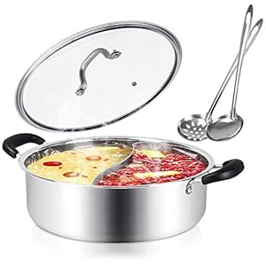 304 Food Grade Stainless Steel Shabu Shabu Hot pot with Divider&Lid for Induction Cooktop Gas Stove Dual Sided Soup Cookware (11 inch)