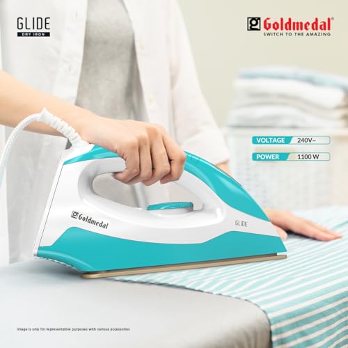 Image of Goldmedal Glide 1100W Dry Iron | Non-stick Weilburger Premium Double Coated Soleplate | 5 Fabric Setting |1.8 Meter Cord | 360 Swivel Cord | 2.5 Years Warranty | Light Weight (Turquoise Blue)