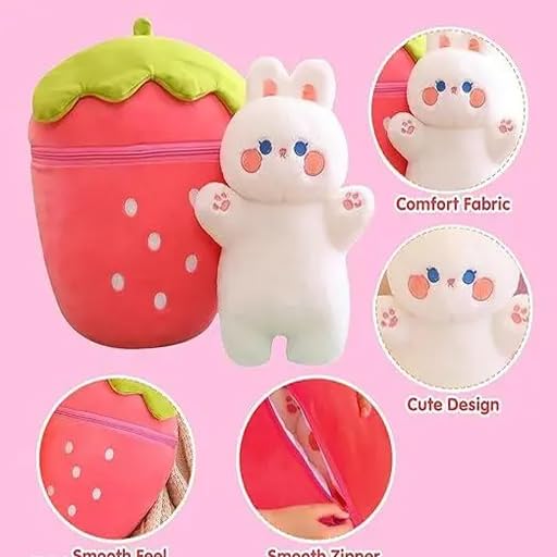 Image of Hidden Rabbit Strawbery Ziper Bunny Fruit Soft Toys Stuffed Animal Plush Sweet Surprise for Your Special Day Rabbit Plush Toy, for Hugs and Smiles- 35 cm (Pink)