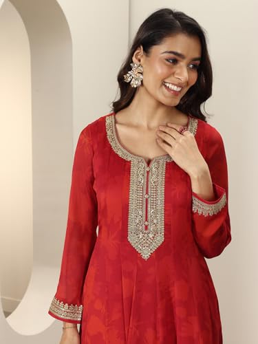Image of Libas Women Red Printed Silk blend Anarkali Kurta Set for women | ethnic wear | bridal suit | occasion wear