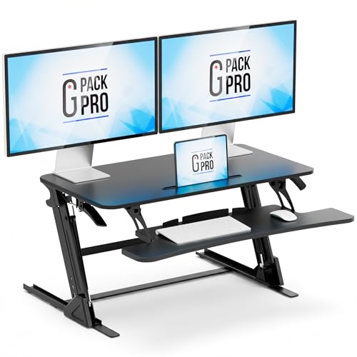 G-PACK PRO 36″ Wide Standing Desk Converter – Sit-to-Stand Workstation for Dual Monitors, Height Adjustable Up to 17.3″ with Large Keyboard Tray – Black