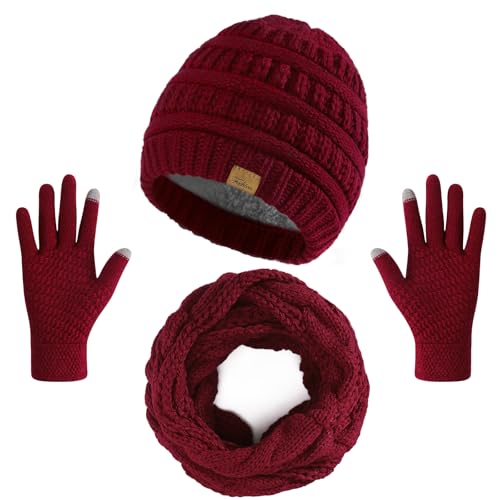 Winter Beanie Hat Scarf Gloves Set, Thick Warm Knit Winter Skull Cap Touch Screen Gloves Neck Scarf for Women Men Wine