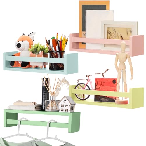 Image of Set of 4 Nursery Book Shelves Floating Bookshelves Nursery Shelves for Wall Book Shelf Organizer Bathroom Storage Rack for Wall Decor(16 in,Light Macarons)