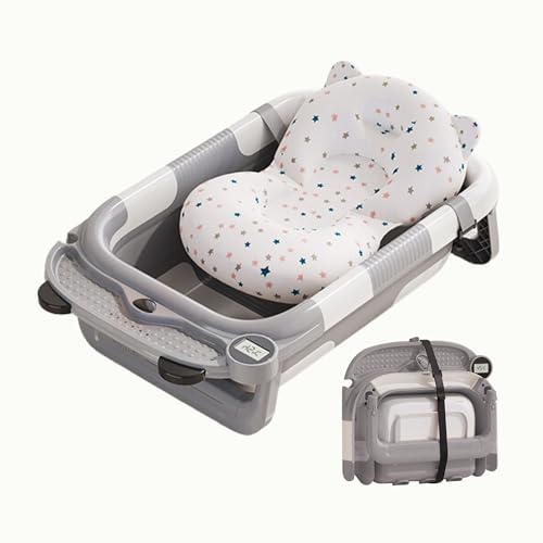 Image of Collapsible Baby Bathtub for Newborn,Foldable Baby Tub with Soft Cushion & Thermometer for Infants to Toddler 0-24 Months,Portable Travel Bathtub with Drain Hole (Gray)