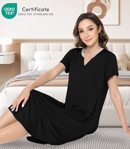 Image of NACHILA Nightgowns for Women-Viscose Made from Bamboo,Short Sleeve Nightshirts V Neck Sleep Shirt Loose Sleep Dress