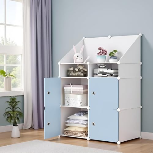 Image of Sunderlook Plastic Wardrobe for Kids Clothes - Collapsible Wardrobe, Easy to Use Anti-Skid & Non-Slip Effective Professional Foldable Plastic Cupboard for Kids, Home (Blue-HD2, 4 + 2 Door)