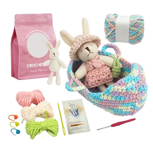 Lmrbelec Crochet Kit for Beginners, Crochet Animals Kit for Kids Adults, Rabbit Cradle Knitting Kit with Soft Yarn, Crochet Hook & Step-by-Step Video Tutorials, Crafts & Gift for Teen Girls