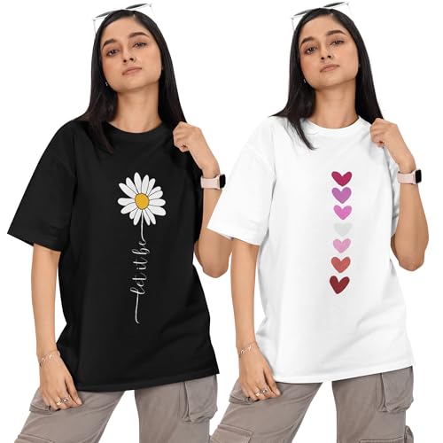 Image of Reifica Women 100% Pure Cotton Drop Shoulder Loose Fit Oversized T Shirts (Combo Pack of 2)
