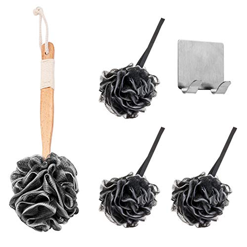 Loofah Sponge Back Scrubber for Shower exfoliating | Loofah on a Stick | Back Brush Long Handle for Shower | Luffa Bath Sponge for Body & Back | Loofah Sponge for Men | Shower Loofah Black