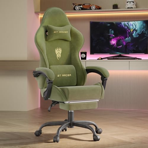 Verdego Silla Gaming con Masaje Lumbar y Reposapiés, Silla Gamer Ergonómica, Tela de Terciopelo, Reclinable 90-125°, Altura Ajustable 10cm, Giratoria 360°, Cadeira Gaming Oficina y Juegos (Verde)