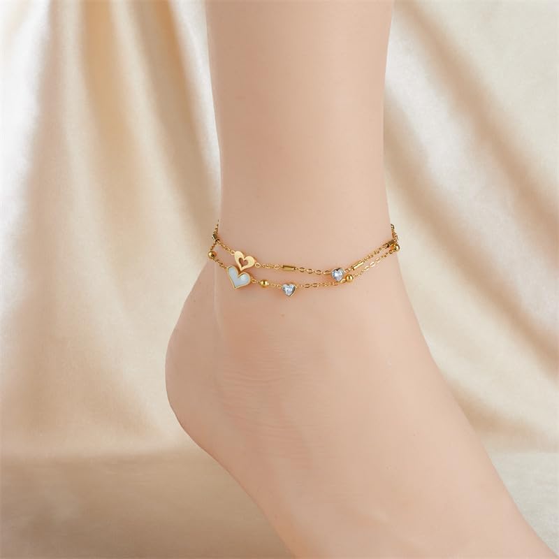PiercingJ Heart CZ Anklet for Women 18k Gold Plated Double Layered Zirconia Ankle Chain Adjustable White Shell Bracelet Jewelry For Birthday, Christmas, Beach Party - Image 6