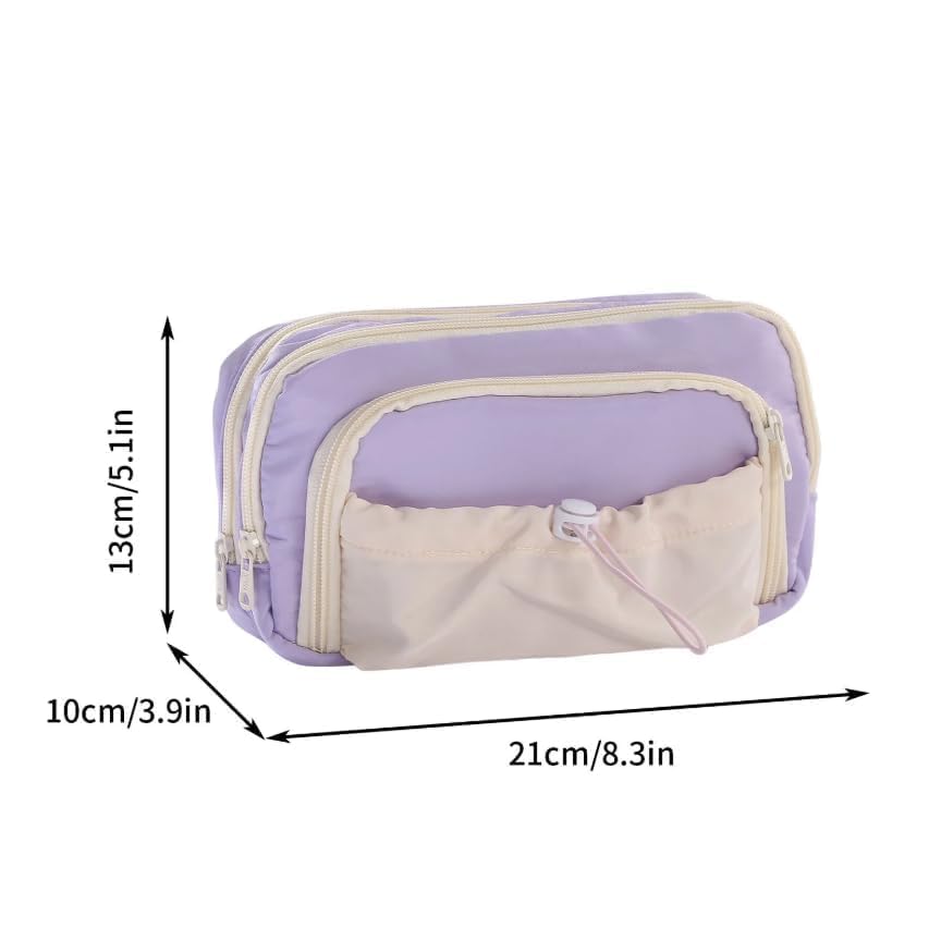 Image of Canvas School Bag Pencil Case, 3 Layer 6 Compartment Large Capacity, Aesthetic Pencil Pouch for Stationary, Cute Stationery for Kids, Pencil Case for Girls & Boys (Dori-Purple)