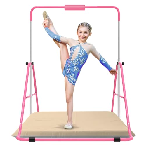 Jivifao Gymnastics Bar with Self-Inflating Mat for Kids, Adjustable Height Gymnastic Horizontal Bars with Mat, Folding Gymnastic Training Monkey Bars, Junior Expandable Training Kip Bar for Home