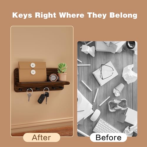 Jemyxhw Schlüsselbrett mit Ablage und 6 Haken, Schlüsselbrett Holz, Schlüsselhalter Schlüsselkasten Schlüsselboard für Eingangsbereich, Flur, Küche (Braun)