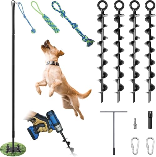 Tether Tug Outdoor Dog Toy 31-78 Tug of War Dog Toy with Safety Pole Cover 3 Replaceable Ropes & Spiral Ground Anchor - 4 Durable Spring Pole Interactive Pull Toy for Large Medium Small Dog