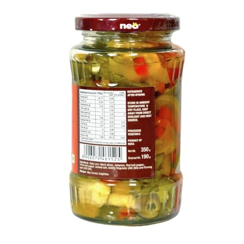 Image of Neo Pizza Topping 350g I Ready-to-Eat, Fibre-Rich l Jalapeno, Olive, Baby Corn, Yellow and Red Bell Pepper I Enjoy as topping for Pizza, Pasta, Salads, Burger & Wraps l Non-GMO I100 % Vegan (Pack of 1)