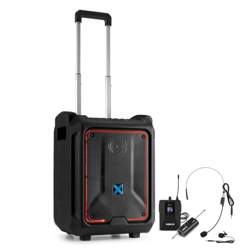 VONYX SPLASH300 Weatherproof Portable PA Speaker System with Wireless Headset Microphone, Bluetooth, LED Lights, Trolly Handle and Wheels - 200W