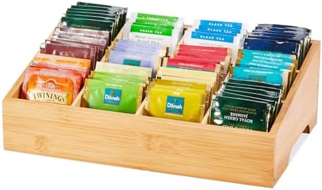 Tea Bag Organizer - Bamboo Tea Storage Organizer With 12 Compartments, 1 Layer Tea Organizer for Tea Bags Natural Bamboo for Countertop Office Kitchen Cabinet Pantry