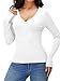 iGENJUN Women Long Sleeve V Neck Shirts for Women Business Casual Work Top Knit Slim Fit for Fall,White,M