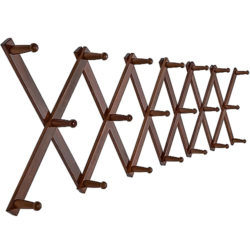 SKOLOO Hat Rack for Wall with 20 Hooks, Solid Wooden, Modern, Expandable Coat Rack Wall Mount for Coats, Hats, Bags, Baseball Caps, Walnut Color