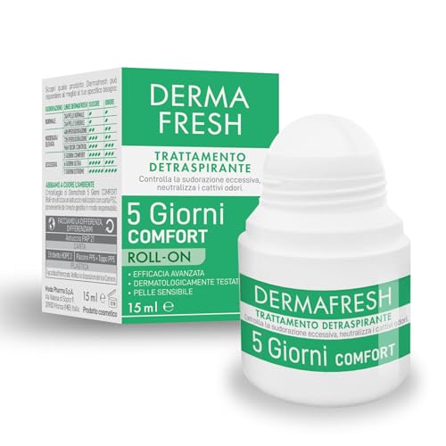 Dermafresh 5 giorni Comfort, Trattamento Detraspirante, Roll On, 15 ml, per Pelle Sensibile, Regola la Sudorazione Intensa, Senza Alcol e Profumo, Dermatologicamente Testato