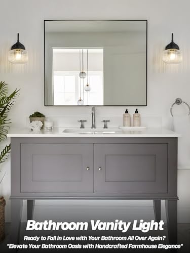 Image of Black Wall Sconce Farmhouse Bathroom Vanity Light,Clear Glass | Bathroom Light Fixtures,Hardwired Indoor,Hand-Blown Thick Glass,for Bathroom Mirror Kitchen,E26 Socket