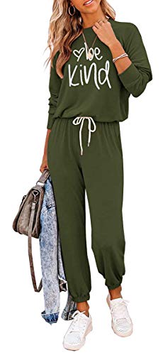 Women 2 Pieces Sets Long Sleeve Sweatsuit Pajamas Lounge Outfits Crew Neck Workout Athletic Tracksuits Green