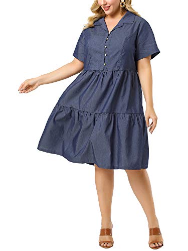 Image of Agnes Orinda Plus Size Chambray Dress for Women Short Sleeve Button Down Flowy Tiered Shirt Dresses