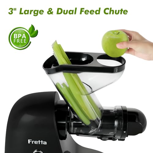 Image of Fretta Juicer Machines, Cold Press Juicer, 3 inch Feed Chute, Easy Clean,200W | Less Prep for Daily Juicing, Soft & Hard Produce, Quiet Morning Use, Reverse Function, Y-Shaped Safer Loading