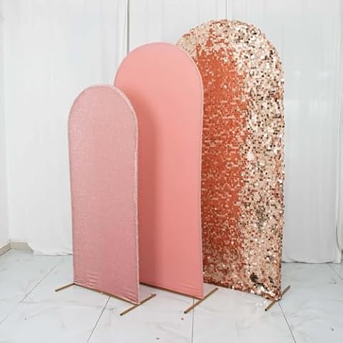Efavormart Set of 3 | Blush/Rose Gold Round Top Fitted Photo Backdrop Stand Covers, Big Payette Sequin, Shimmer Tinsel and Matte Spandex Wedding Arch Frame Covers Cover