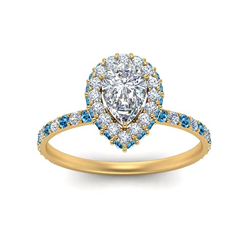 Image of Choose Your Gemstone Pave Rollover Pear Halo Engagement Ring Yellow Gold Plated Pear Shape Halo Engagement Rings Matching Jewelry Wedding Jewelry Easy to Wear Gifts US Size 4 to 12