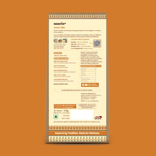 Image of Naario Jowar Atta 1kg Flour | Certified Organic Sorghum Atta Gluten Free | 100% Natural, High in Fiber and Protein, No Preservatives, Ideal for Weight Loss and Healthy Diet - 1 kg