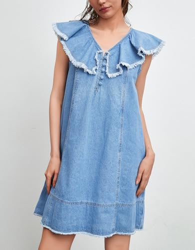 Kedera Denim Summer Dresses for Women Ruffle Short Sleeve V Neck Mini Jean Dress Romper Babydoll Jean Sundress4