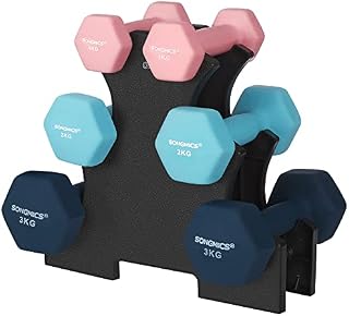 SONGMICS Hex Dumbbells Set with Stand - 2 x 1 kg, 2 x 2 kg, 2 x 3 kg, Neoprene Matte Finish, Hand Weights for Home Exercise