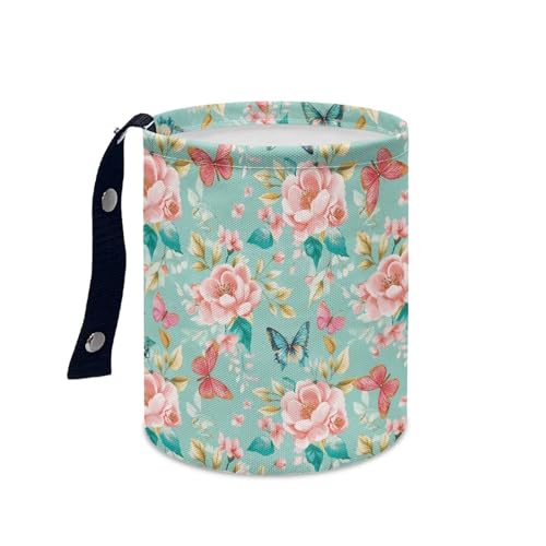 Image of Pink Roses Butterflies Car Trash Bin Folding Vehicle Garbage Small Mini Front Back Seat Rubbish Basket with Strap Travel Garbage Organizer Bag Accessories, Keep Tidy Pink