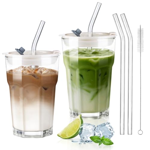 ecooe Juego de 2 Vasos de Vidrio con Tapa y Pajilla 380ml, Tazas de Café Vasos para Smoothies Café Helado, Diseño Hermético e Impermeable, Ideales para Matcha Latte, Jugos, Leche, Té, Cócteles