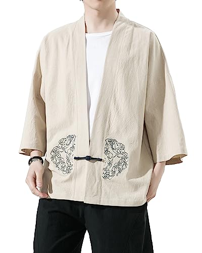 Image of Mens Kimono Cardigan Cotton Linen Japanese Shirt 3 /4 Sleeve Haori Yukata | Skin-Friendly Solid Color Lightweight Shawl Collar Kimono Robe Embroidery Button Tie Pockets Happi Coat All Season Daily Wear