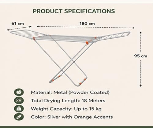 Image of BENAVJI Mild Steel Cloth Drying Stand - 3 Way Folding, 42 Feet Drying Length, 20 Drying Rails, Lightweight