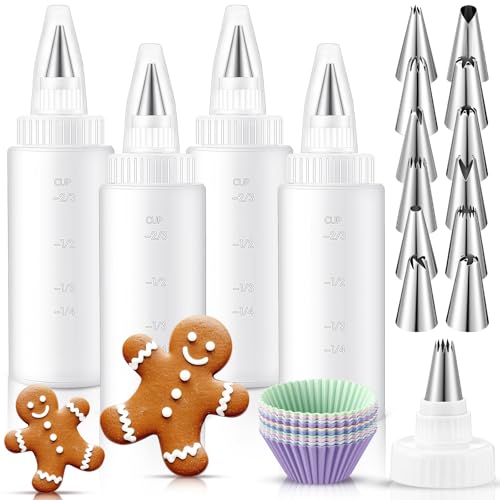 Ferrochef 26 Pcs Icing Bottles Include 4 Pcs 4oz Plastic Squeeze Bottles with 12 Different Piping Tips and 10 Silicone Cupcake for Cookie Icing Piping Kit Pancake Decoration Food Art Applicator Writer