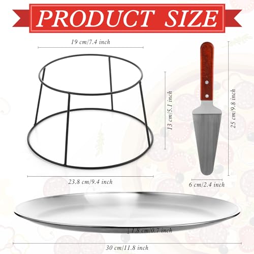 Yiyiring 12 Pcs Pizza Pan Riser Stand Set: 4 Metal Pizza Stands, 4 Pizza Pan, 4 Wooden Pie Servers(Silver,Round)