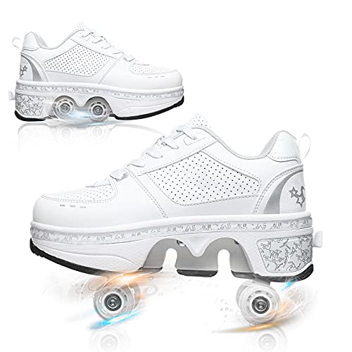 Image of Automatic Shoes Double-Row Deform Wheel Skate for Walking and Skating Invisible Deformation Roller Parkour Retractable Children's Shoes That Turn Into Rollerskates (37, White)