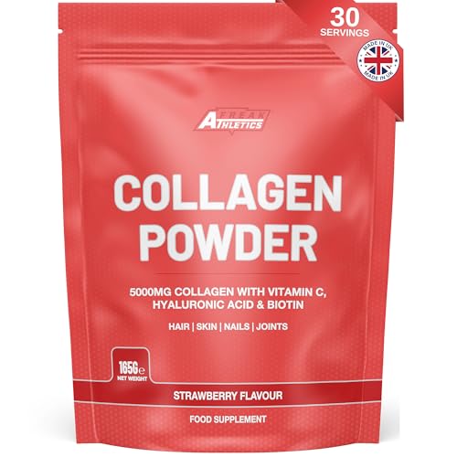 Collagen Powder - Collagen Peptides Powder with Hyaluronic Acid Vitamin C & Biotin 5000mg Hydrolysed Bovine Collagen per Serving Strawberry Flavour 30 Servings (165g)